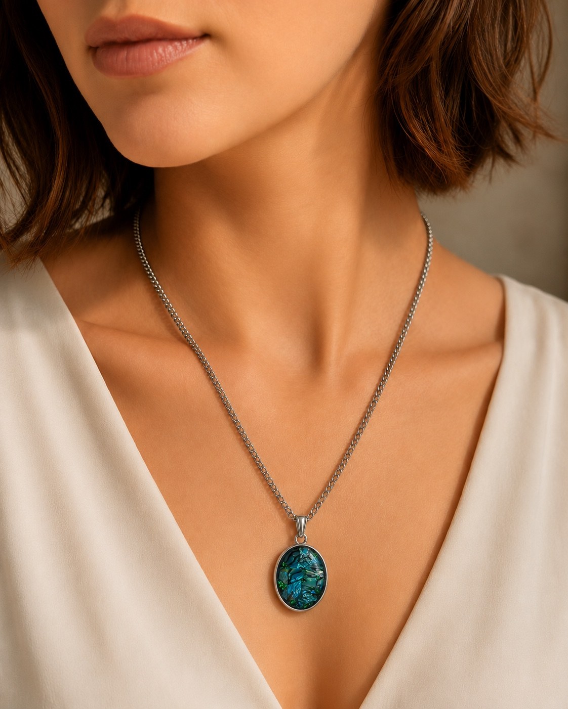 Blue and green oval memorial pendant worn on a model