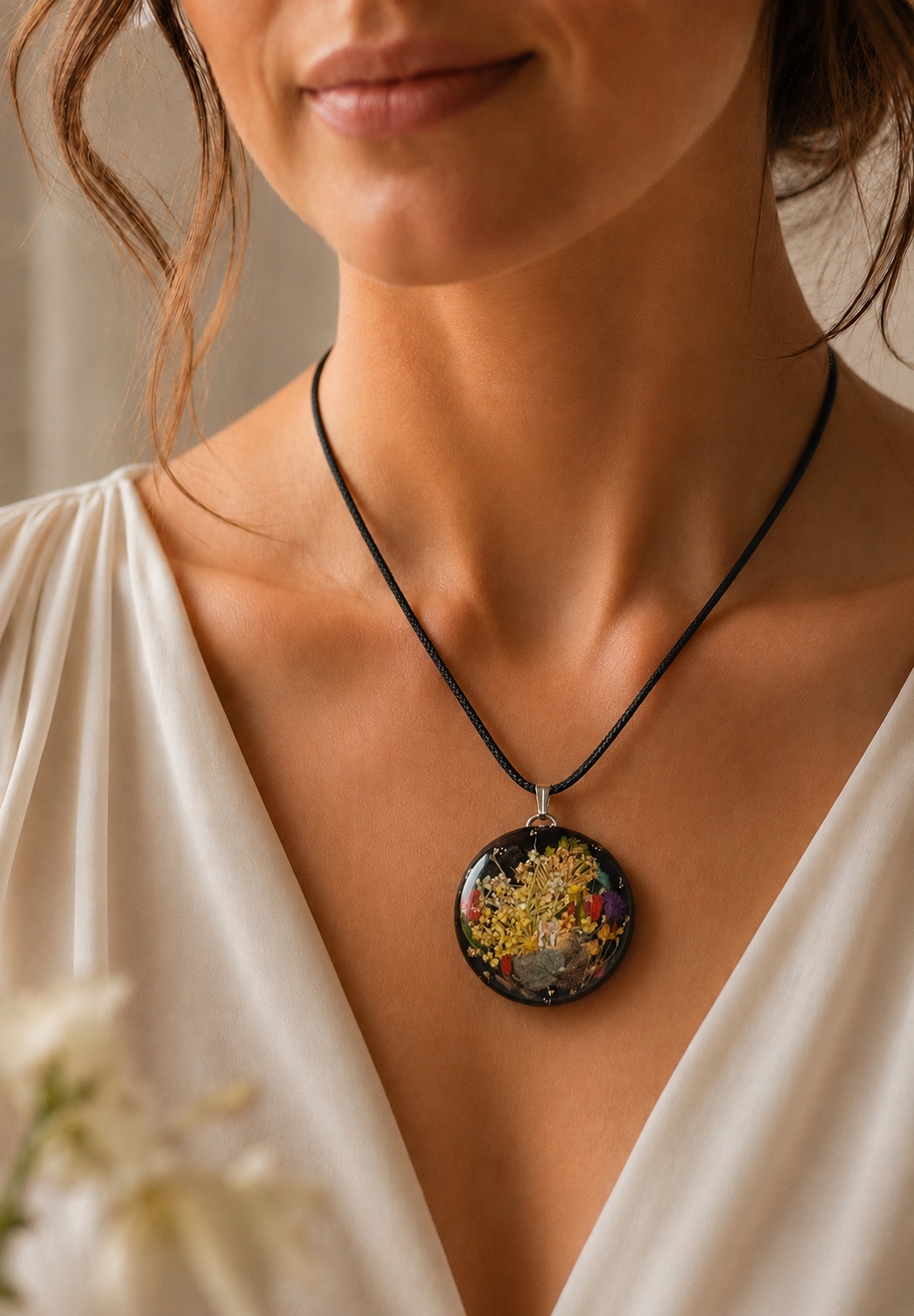 Round botanical garden memorial pendant worn on a model