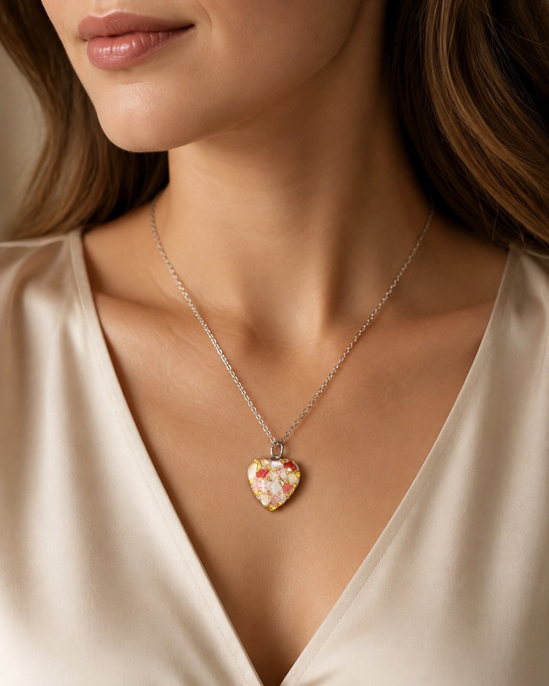 Green and gold oval memorial pendant worn on a model