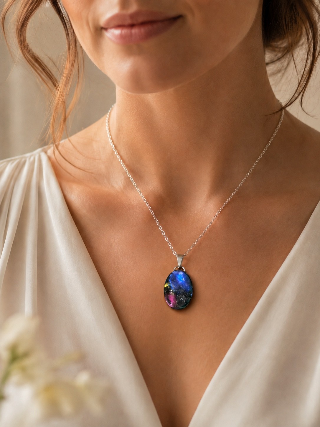 Bespoke memorial pendant worn on a model
