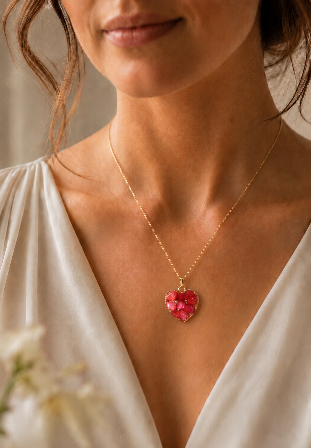 Red and pink shell heart memorial pendant worn on a model