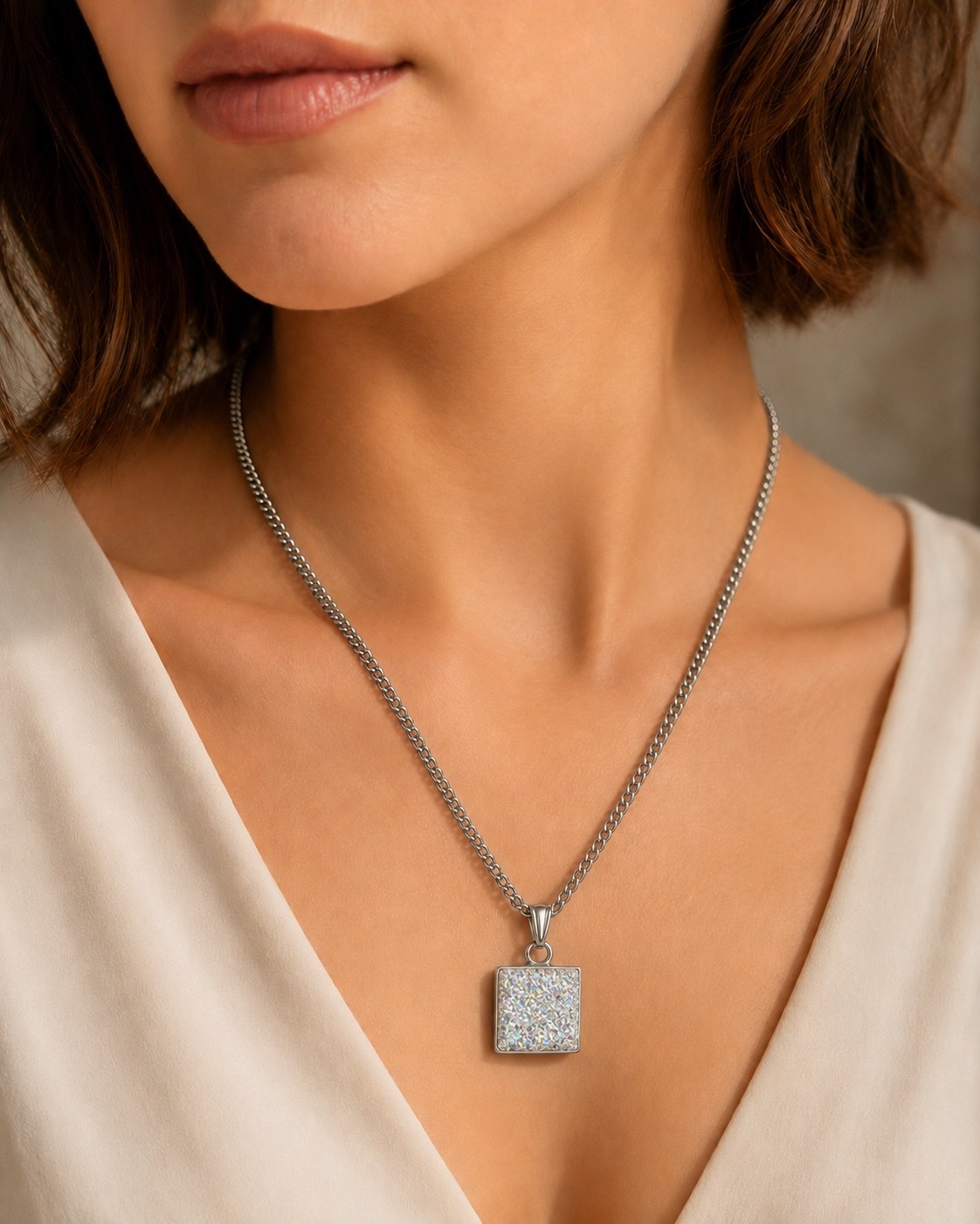 Square silver memorial pendant worn on a model
