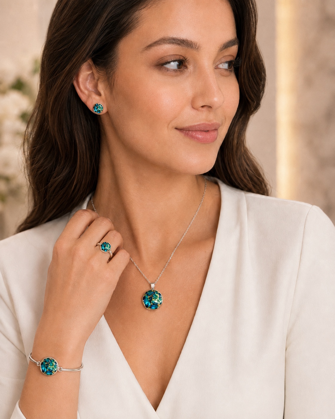 Premium blue and green round memorial set worn on a model