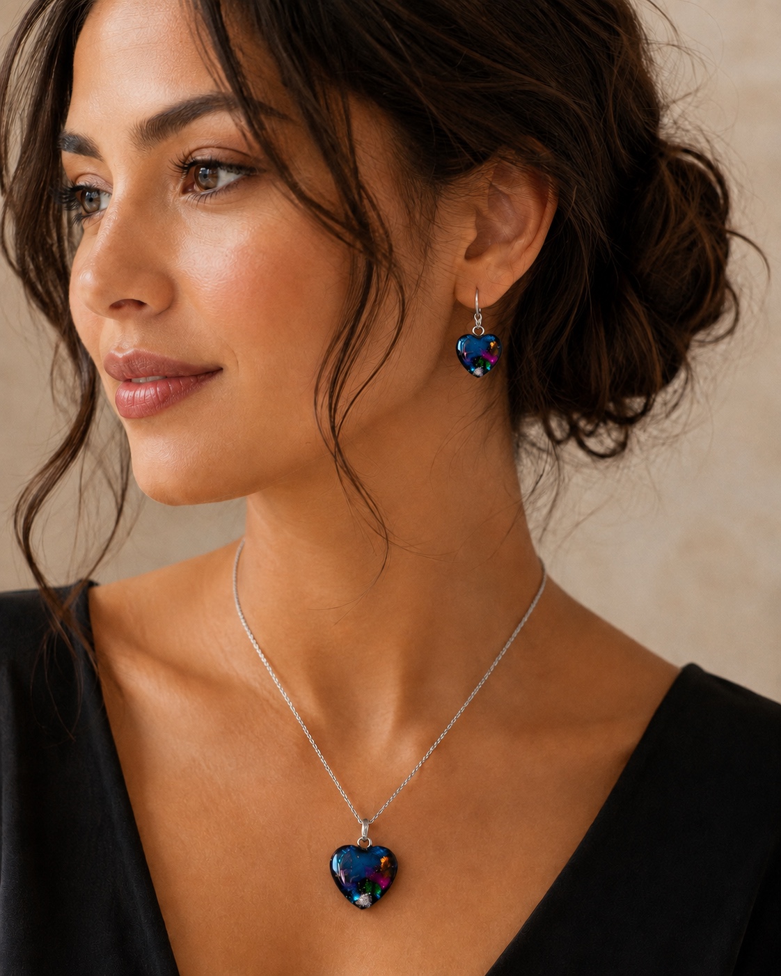 Multicoloured heart memorial jewellery set worn on a model