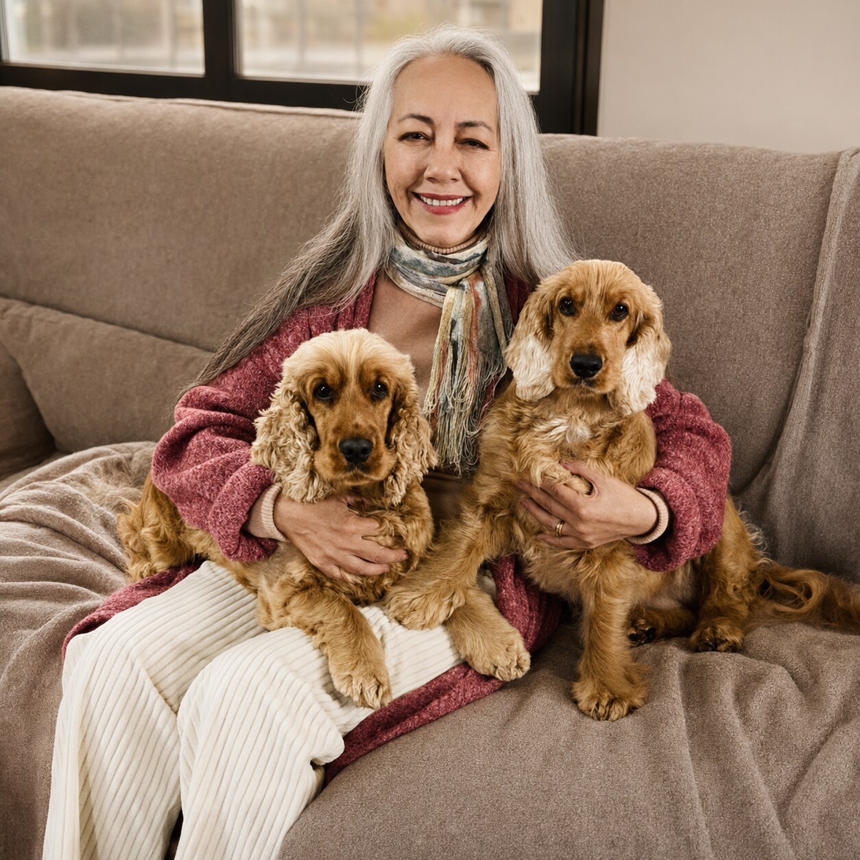 Renée at home with her dogs, Poppy and Maia